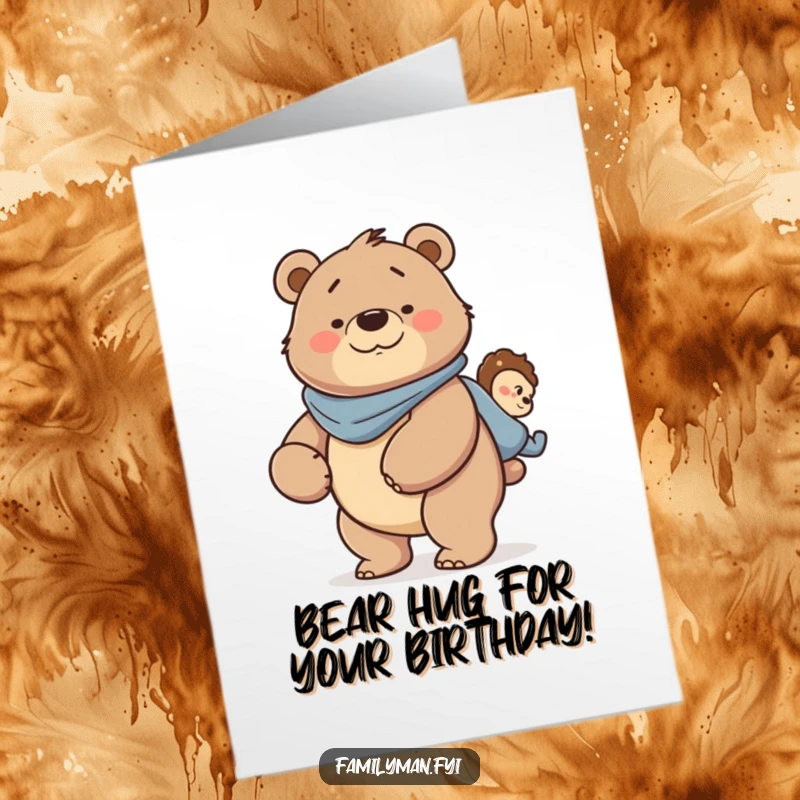 Cute Free Printable Birthday Card: Smiling father bear happily gives a piggyback ride to his child.