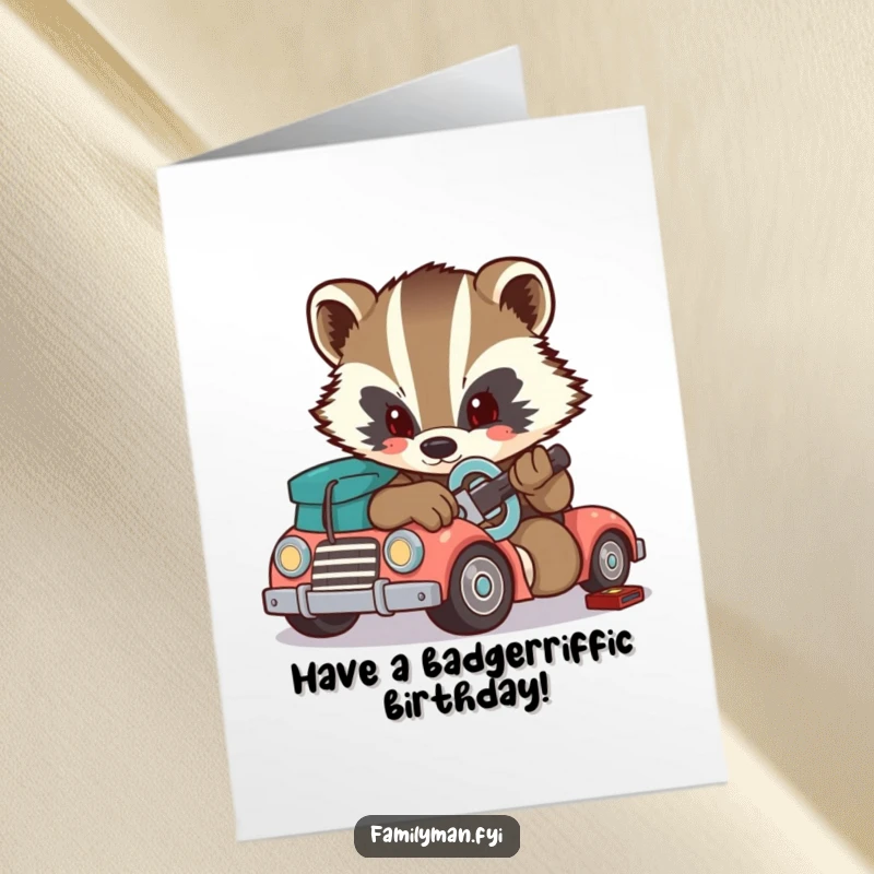 Funny Free Printable Birthday Card: Determined badger meticulously fixes broken toy car with small wrench. A handy downloadable gift.
