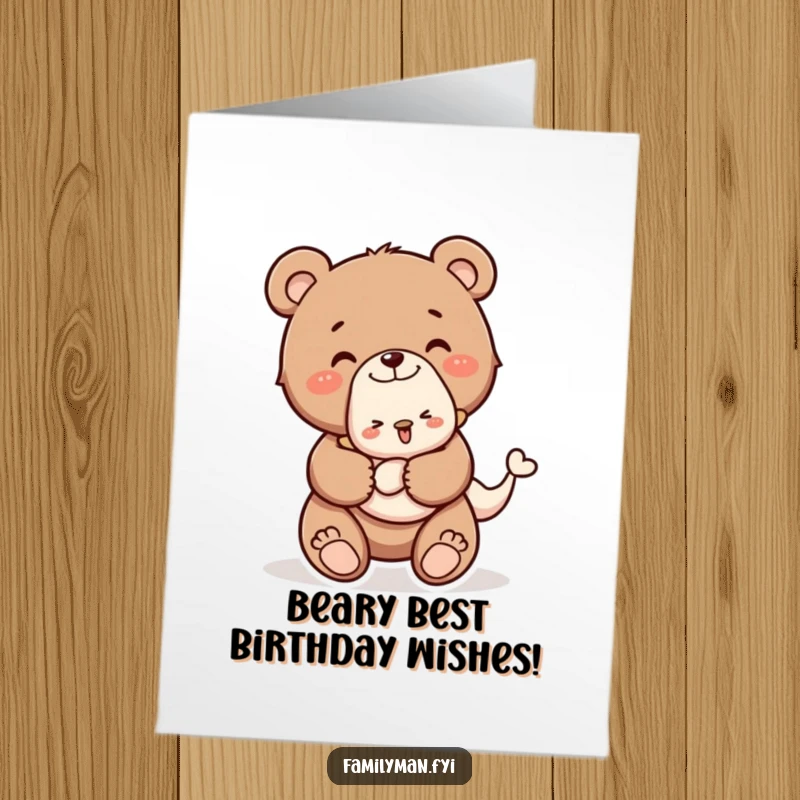 Happy Free Printable Birthday Card: Cute bear cub happily carrying a tiny animal on its back, spreading birthday cheer.