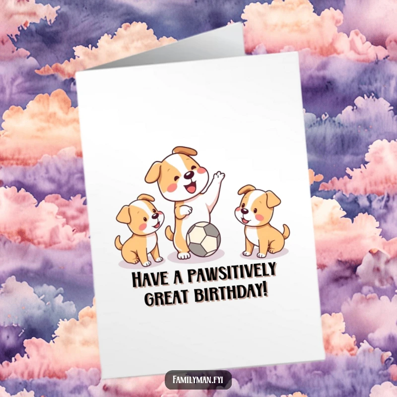 Funny Free Printable Birthday Card: Playful dog tossing a ball for two excited puppies, celebrating a birthday with energetic fun.