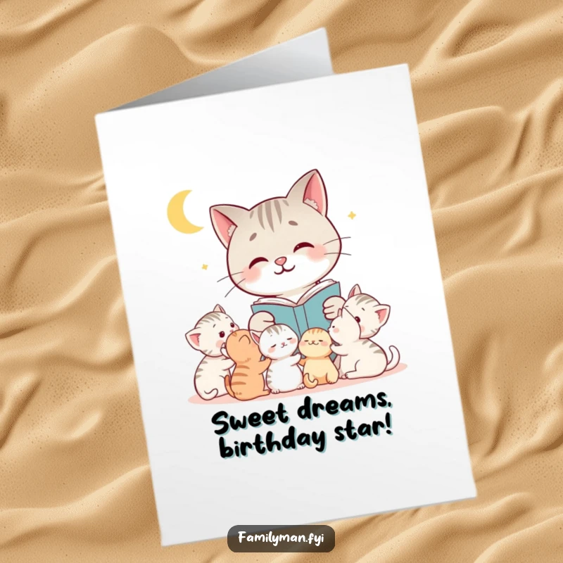 Funny Free Printable Birthday Card: Smiling cat reads bedtime story to cute kittens, joyful and heartwarming scene for kids.