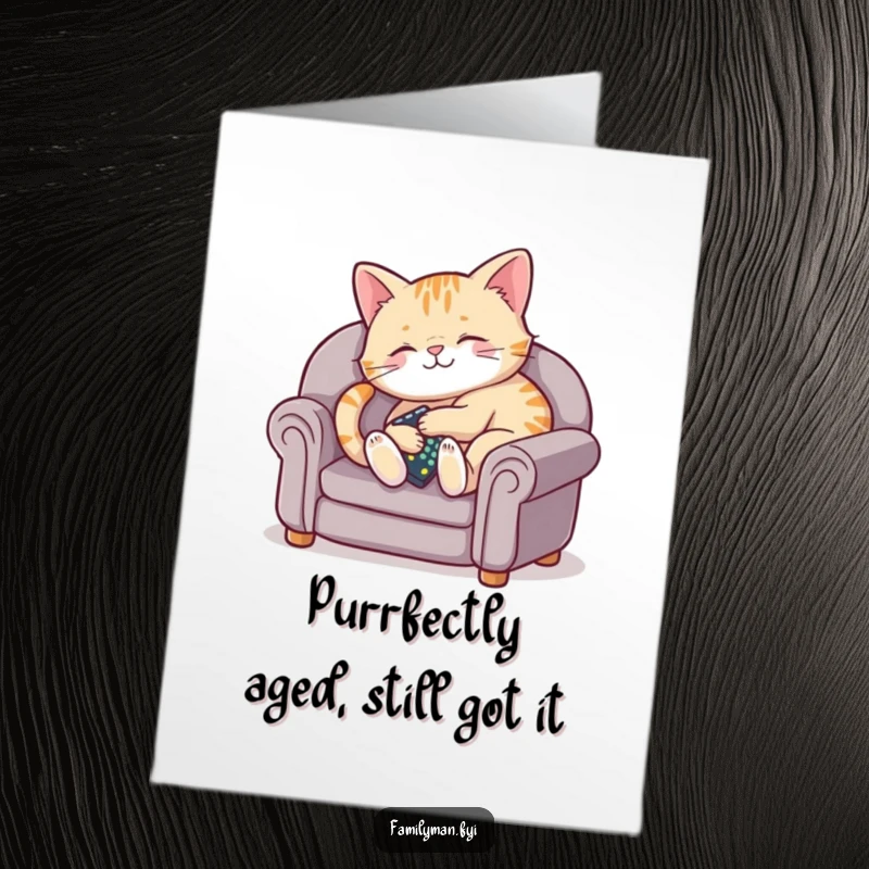 Funny free printable birthday card with a content cat relaxing on a tiny couch, remote in paw, ready for a chill celebration.