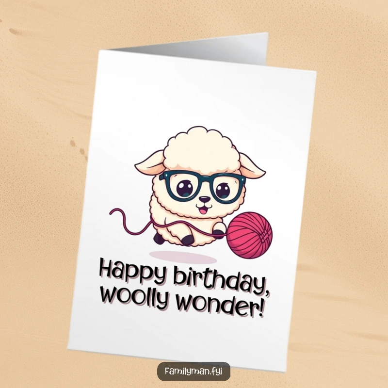 Funny Free Printable Birthday Card: Fluffy sheep dog wearing oversized glasses joyfully chases a bouncing yarn ball.