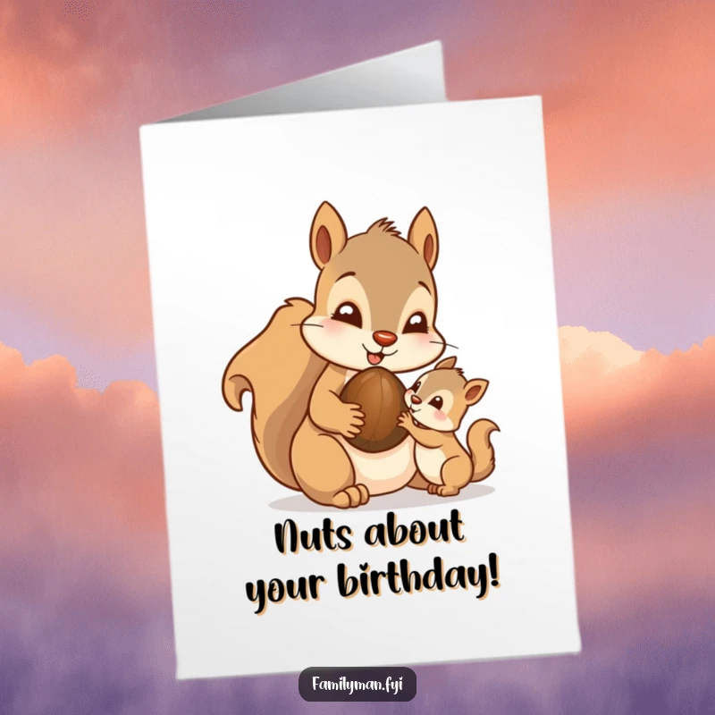 Cute Free Printable Birthday Card: Doting father squirrel shares a tasty nut with its eager youngster.