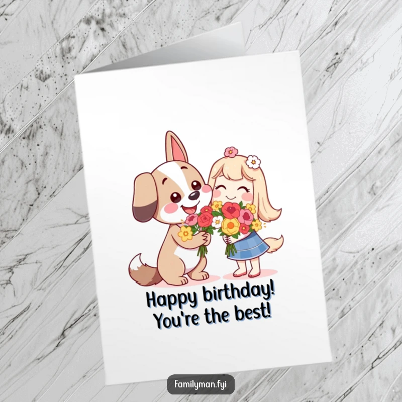 Free Printable Birthday Card: Happy dog gives flowers with a warm smile, perfect for a loving birthday wish.