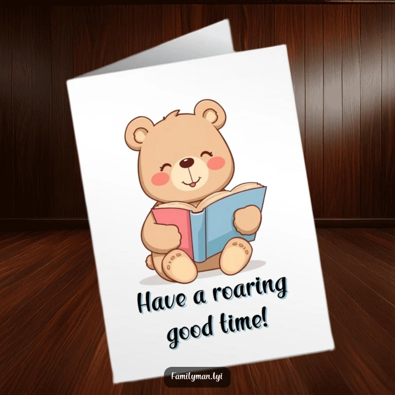 Funny Free Printable Birthday Card: Content bear with a warm smile reads a large storybook, sharing birthday tales.