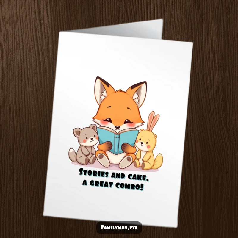 Funny Free Printable Birthday Card: Curious fox reads a book to a group of attentive stuffed animals, perfect for a bookworm's celebration.