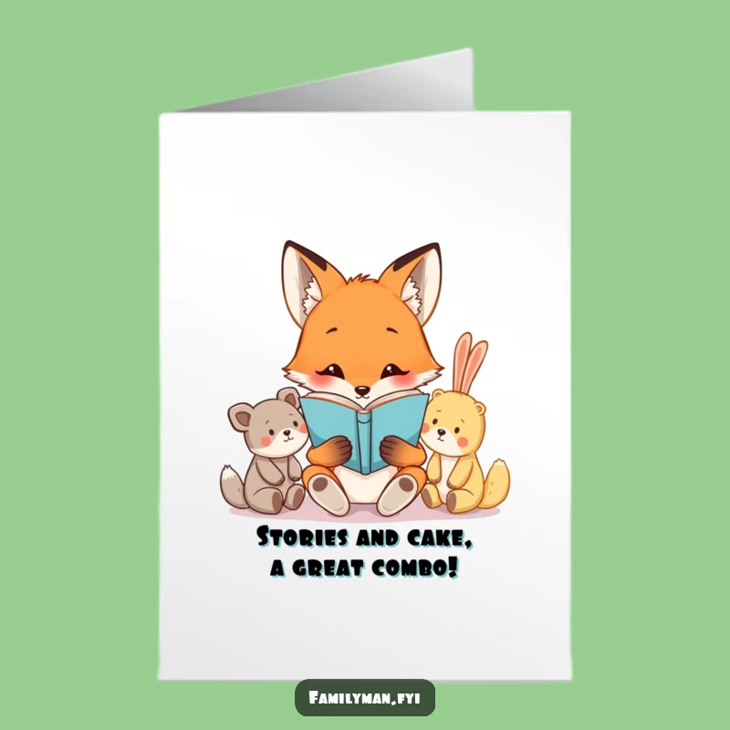 Free Printable Funny Birthday Card: Curious Fox Reads to Stuffed Animals, Humorous Downloadable Gift