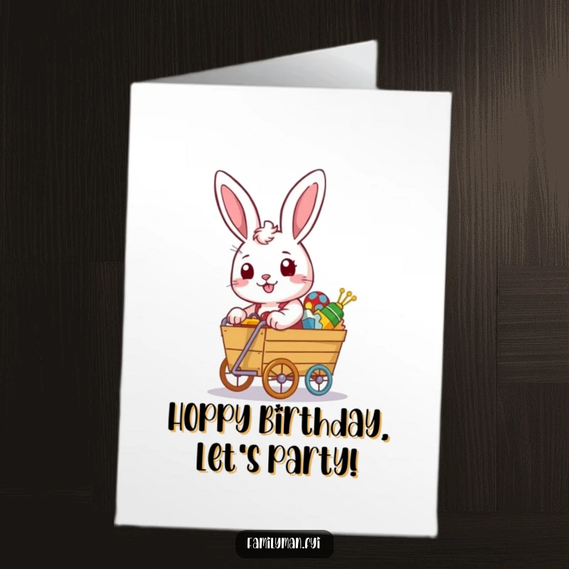 Funny Free Printable Birthday Card: Happy rabbit determinedly pushes an overflowing toy cart, bringing birthday cheer.