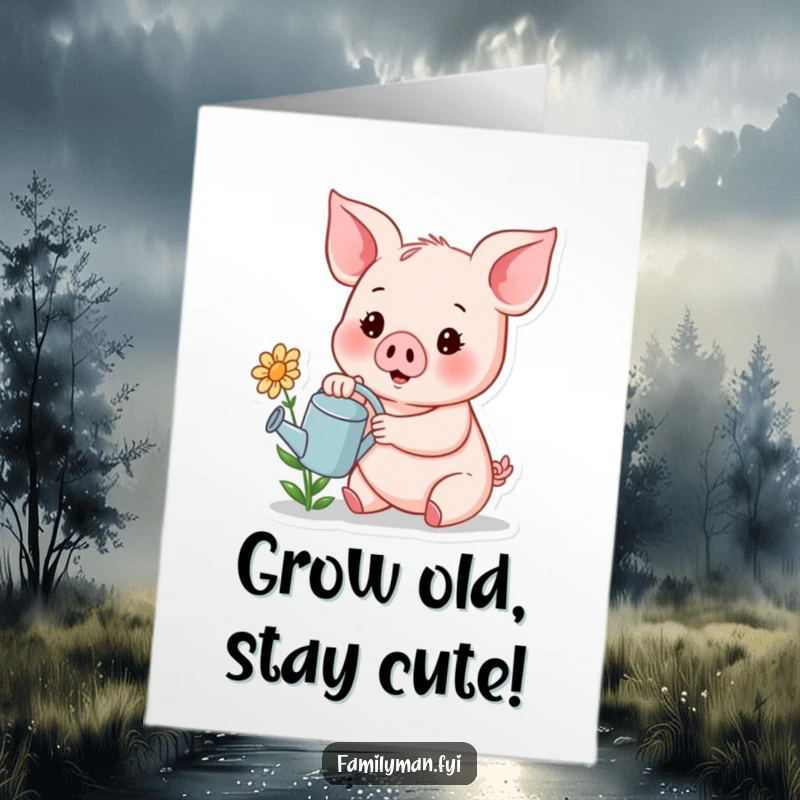 Funny Free Printable Birthday Card: Cheerful piglet with watering can tending a smiling flower, a sweet downloadable greeting.