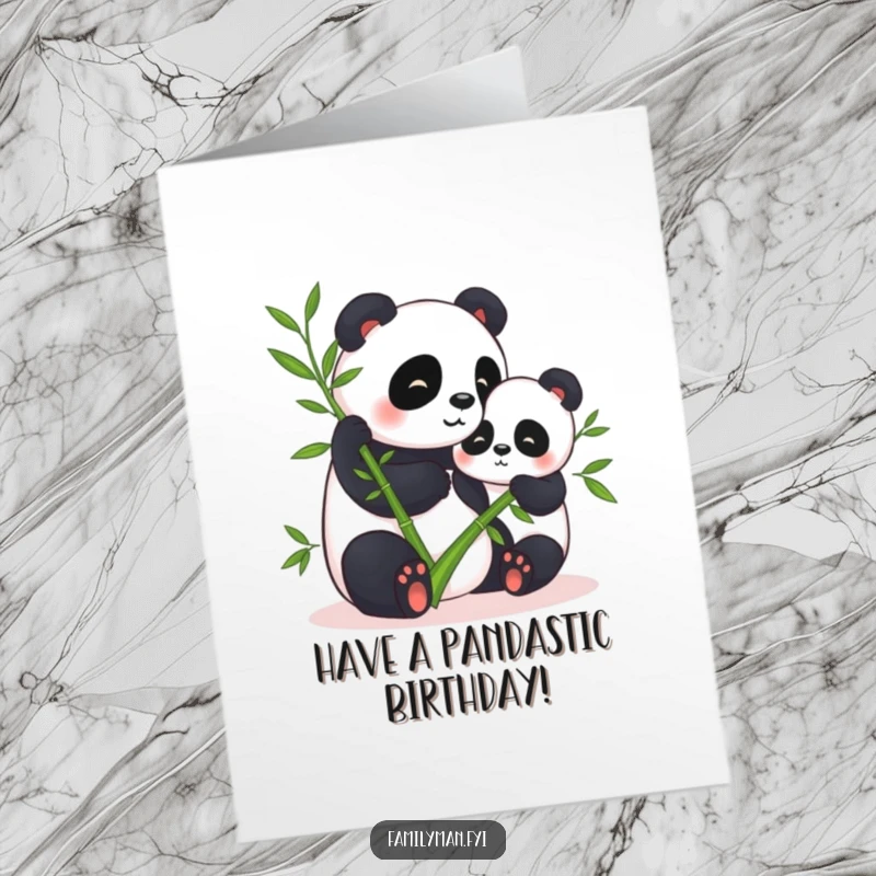 Funny Free Printable Birthday Card: Contented panda peacefully sharing bamboo with a happy friend, a DIY sweet gift.