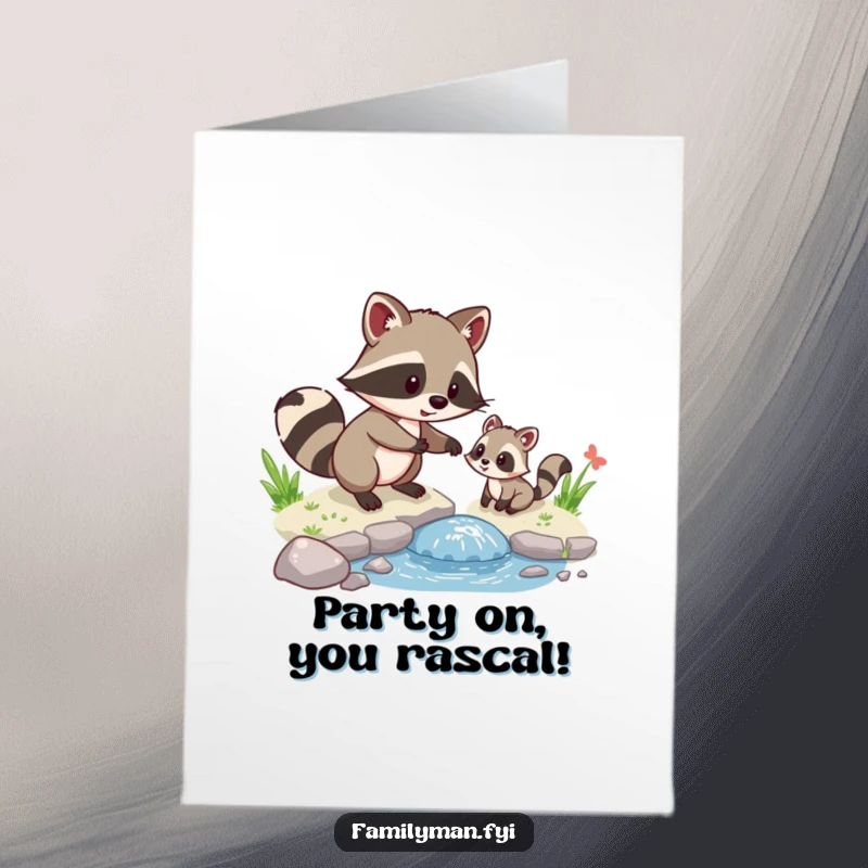 Funny Free Printable Birthday Card: A playful raccoon helps a small animal cross a stream, embodying friendship and birthday wishes.