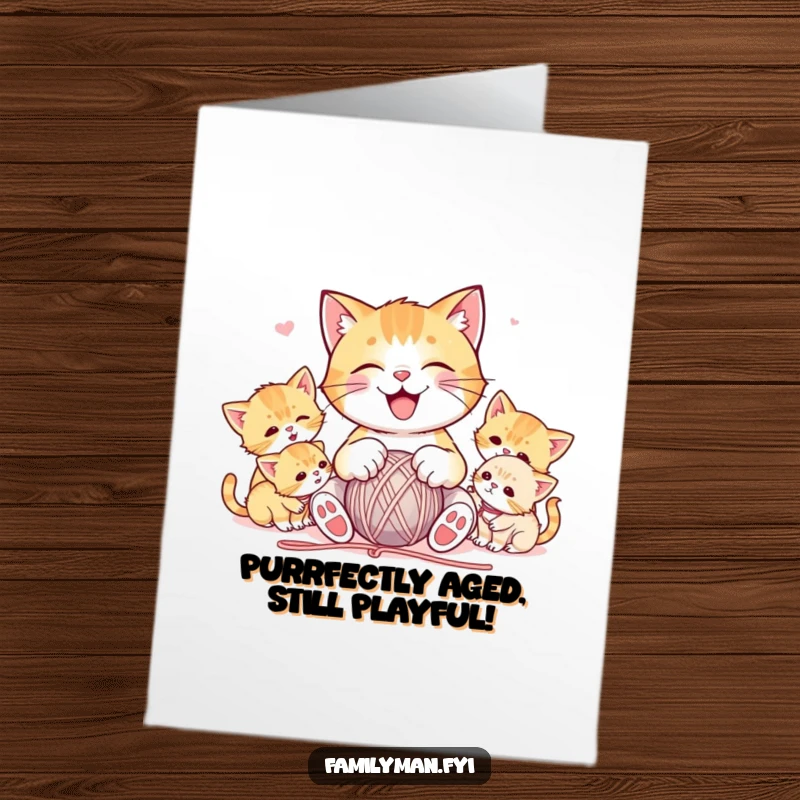 Funny Free Printable Birthday Card: Joyful cat plays with a ball of yarn, surrounded by adorable kittens, a chaotic birthday scene.
