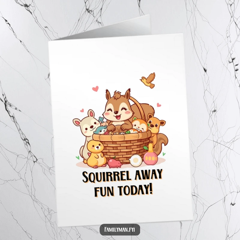 Funny Free Printable Birthday Card: Cheerful squirrel shares picnic basket with animal friends. A friendly downloadable gift.