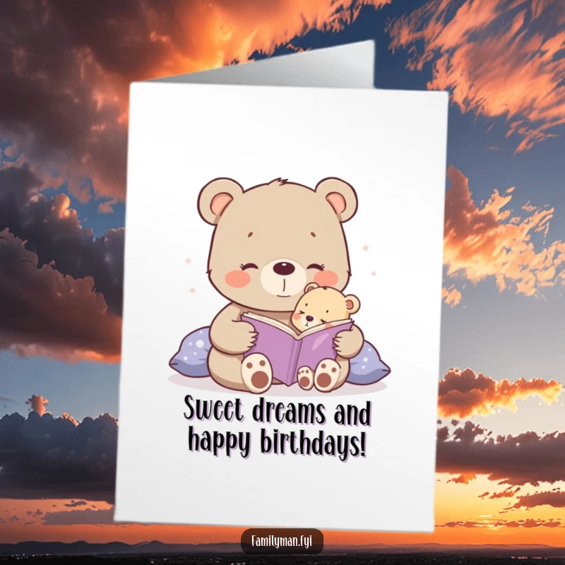 Funny Free Printable Birthday Card: Happy bear cub tenderly reading a bedtime story to a tiny cub, full of warmth.