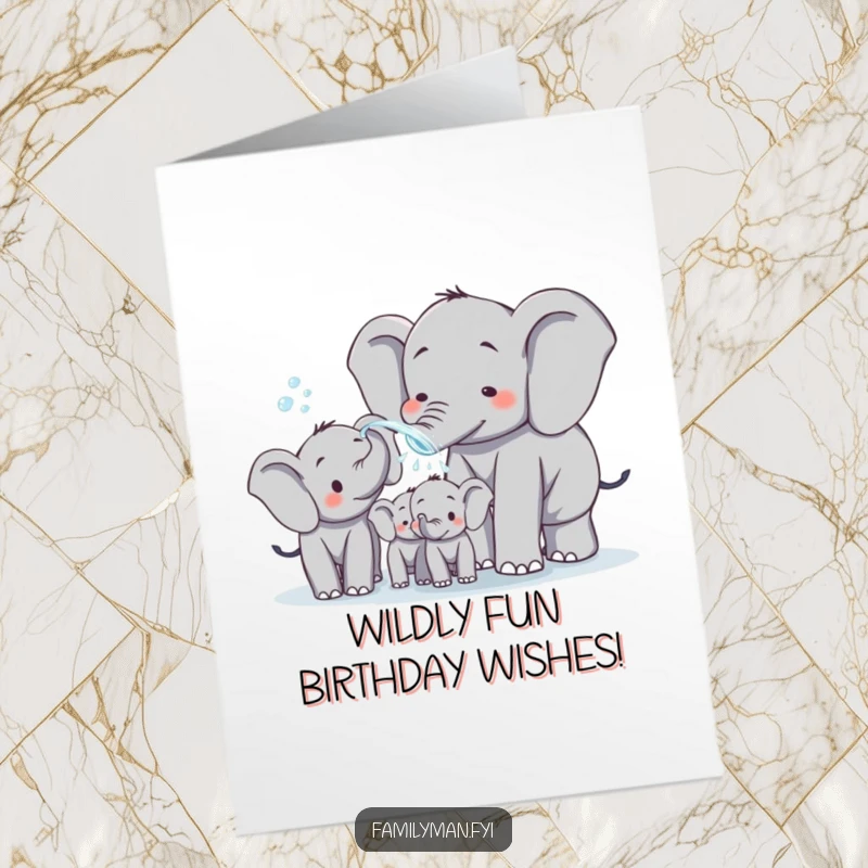 Funny Free Printable Elephant Dad Birthday Card: Dad elephant playfully sprays water on his family, celebrating fatherhood.