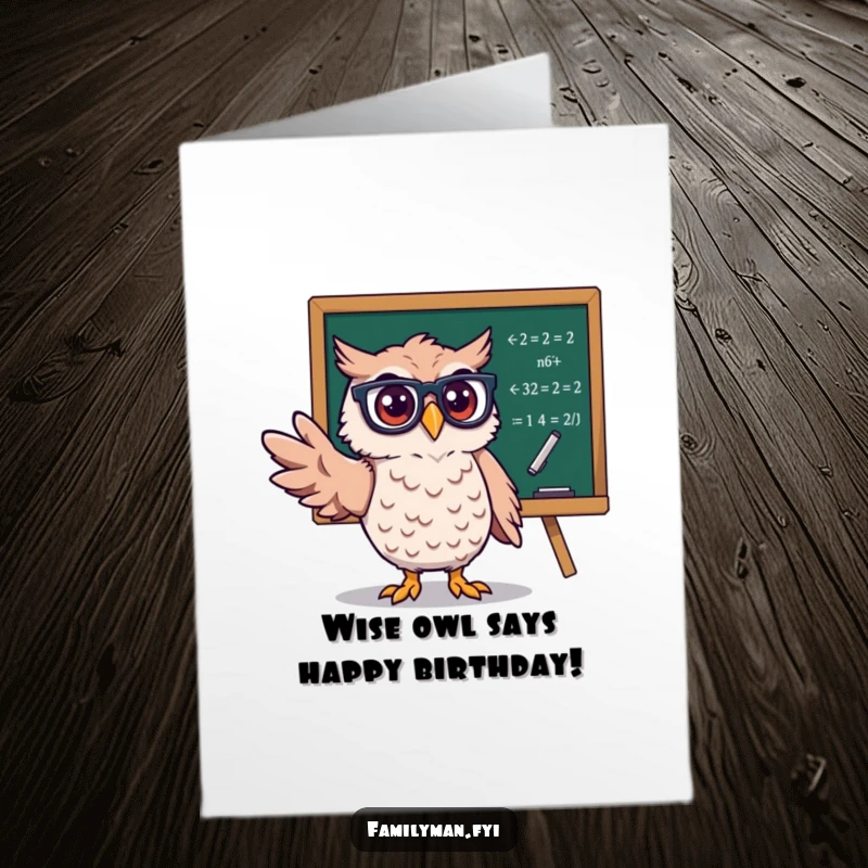 Funny Free Printable Birthday Card featuring a smart owl in glasses pointing at math equations on a blackboard, ready to celebrate.
