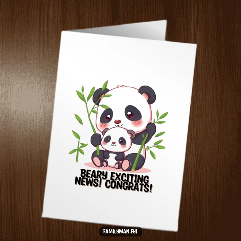 Funny Free Printable Congratulations Card: Focused panda shares bamboo with offspring, symbol of sharing, great downloadable gift.