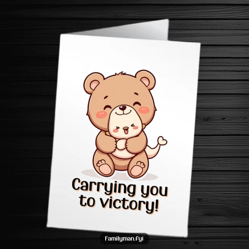 Happy Free Printable Congrats Card: Cheerful bear cub giving a baby animal a piggyback ride, celebrating a fantastic achievement.