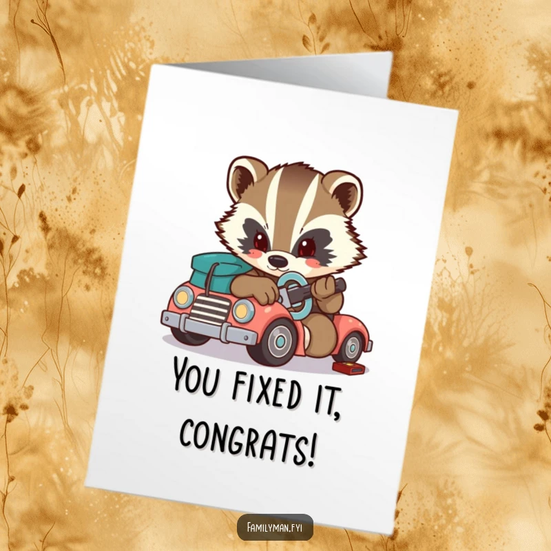 Funny Free Printable Congratulations Card: Determined badger repairs a toy car with a small wrench, symbolizing fixing challenges. Skillful downloadable gift.