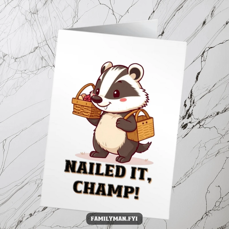 Funny Free Printable Badger Dad Congratulations Card: Proud dad badger carries picnic basket, celebrating a successful milestone.