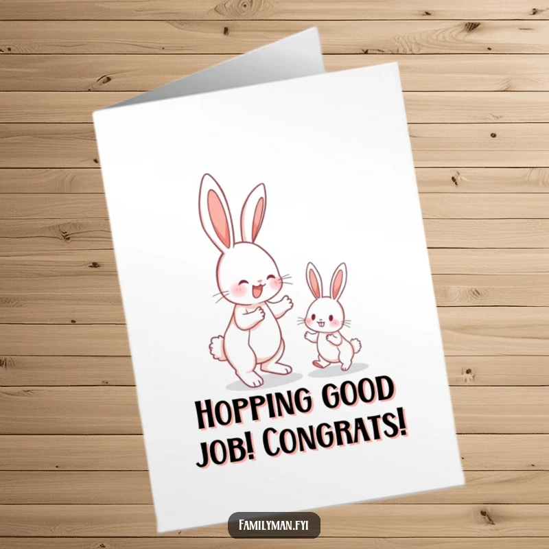 Funny Free Printable Congratulations Card: An energetic bunny patiently teaching a smaller bunny the joys of successful hopping.