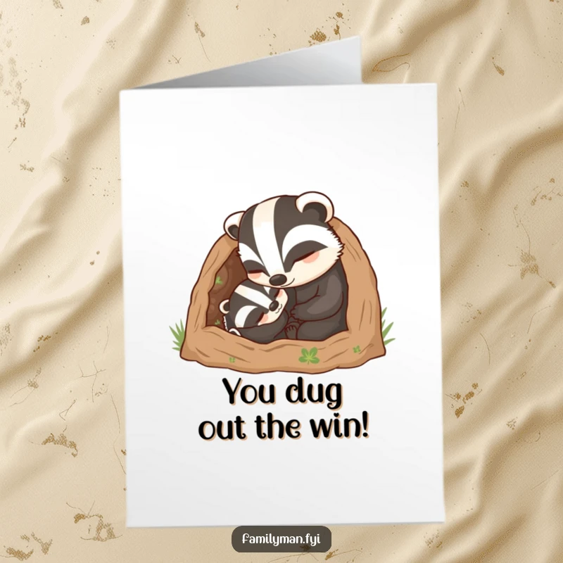 Funny Free Printable Congratulations Card: Caring father badger tucking his child into a comfy burrow, celebrating achievement.