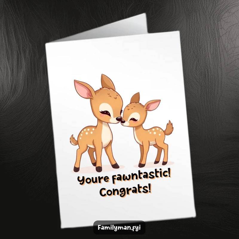 Funny Free Printable Congratulations Card: Gentle deer nudges fawn playfully, heartwarming family scene, great downloadable gift.