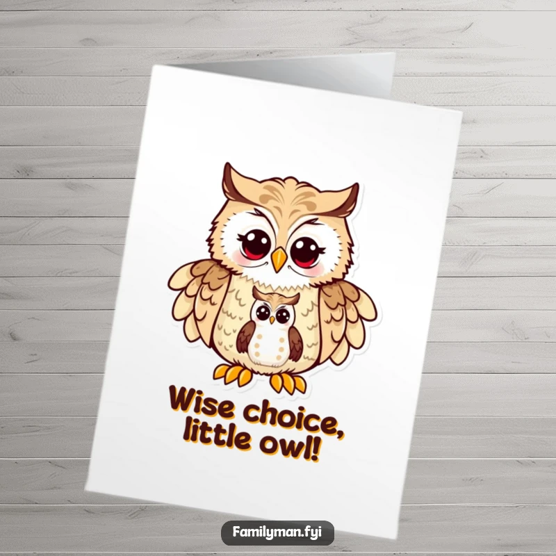 Funny Free Printable Congratulations Card: Proud father owl thoughtfully shows a map to his young owlet, celebrating success.