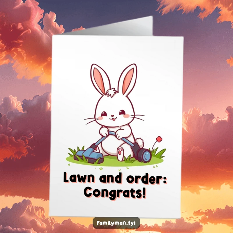 Funny Free Printable Congratulations Card featuring a cheerful rabbit finishing mowing a perfectly tidy lawn, beaming.