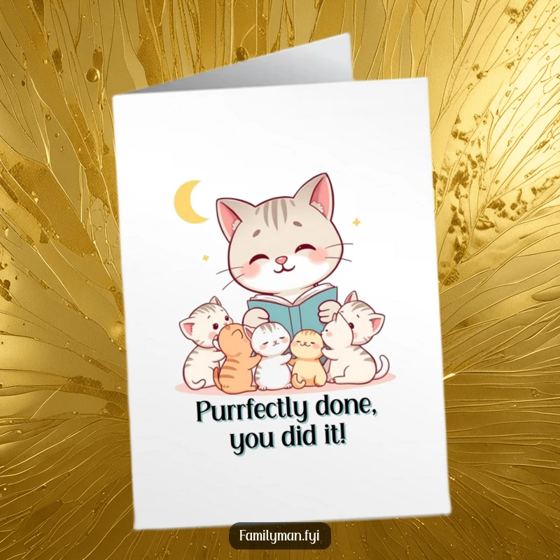 Funny Free Printable Congratulations Card: Smiling cat shares a bedtime story with kittens, celebrating success with charm.