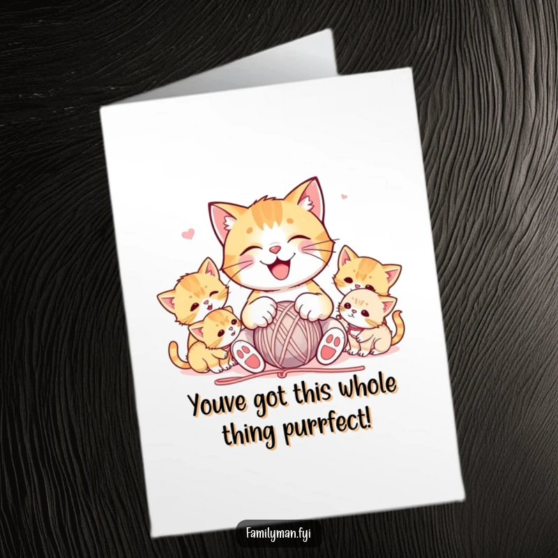 Funny Free Printable Congratulations Card: Joyful cat plays with yarn surrounded by kittens, celebrating wins with feline frenzy.