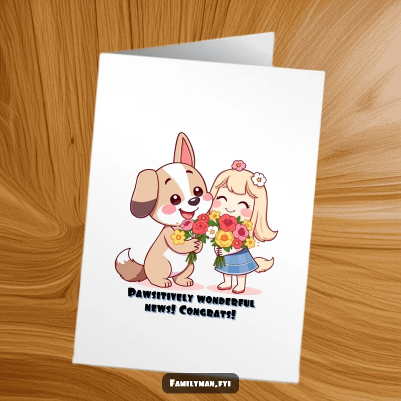 Free Printable Congratulations Card: A happy dog presents a bouquet of flowers with a warm smile, perfect for any celebration.
