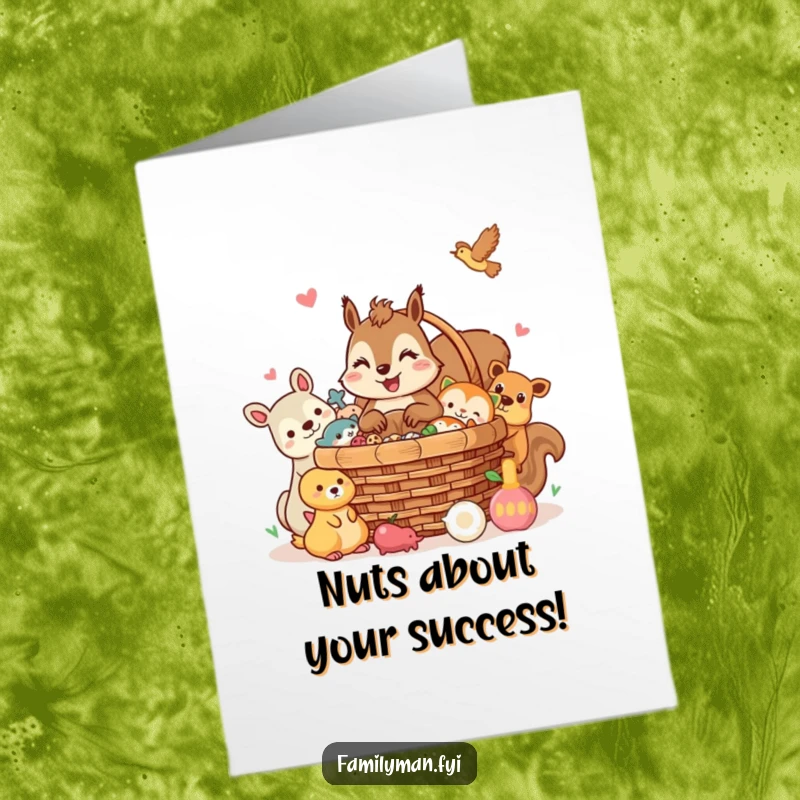 Funny Free Printable Congratulations Card: Cheerful squirrel shares picnic basket with animal friends, celebrating together. A joyful downloadable gift.