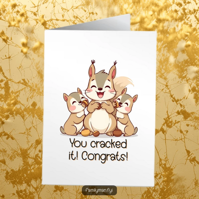 Funny Free Printable Congratulations Card: A delighted squirrel happily distributing nuts to a group of grateful animal companions.
