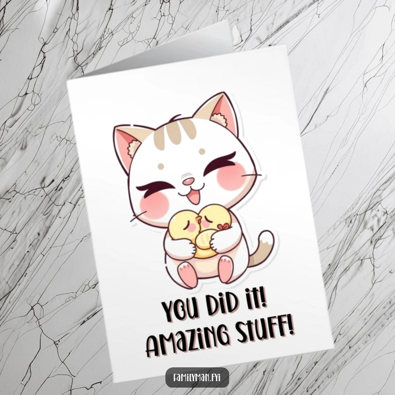 Funny Free Printable Congratulations Card: Mischievous cat holding a sleeping bird, conveying heartfelt congratulations with a chuckle.
