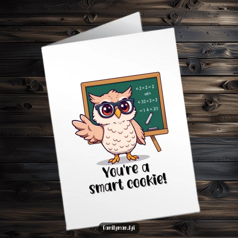 Funny Free Printable Congratulations Card: A wise owl in glasses gestures at math equations, celebrating an academic or professional success.