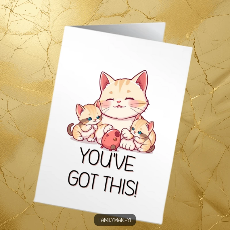 Funny Free Printable Cat Dad Congratulations Card: Proud dad cat observes kittens enjoying playtime with a toy mouse.
