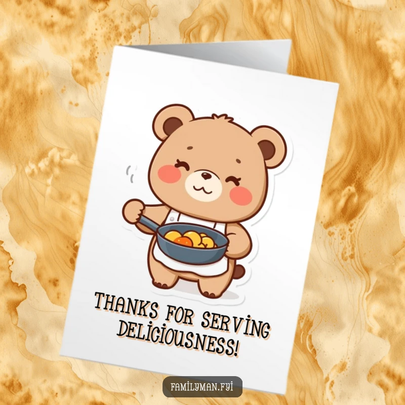 Funny Free Printable Thank You Card: Cute bear chef with apron holds a frying pan of food, expressing thanks.