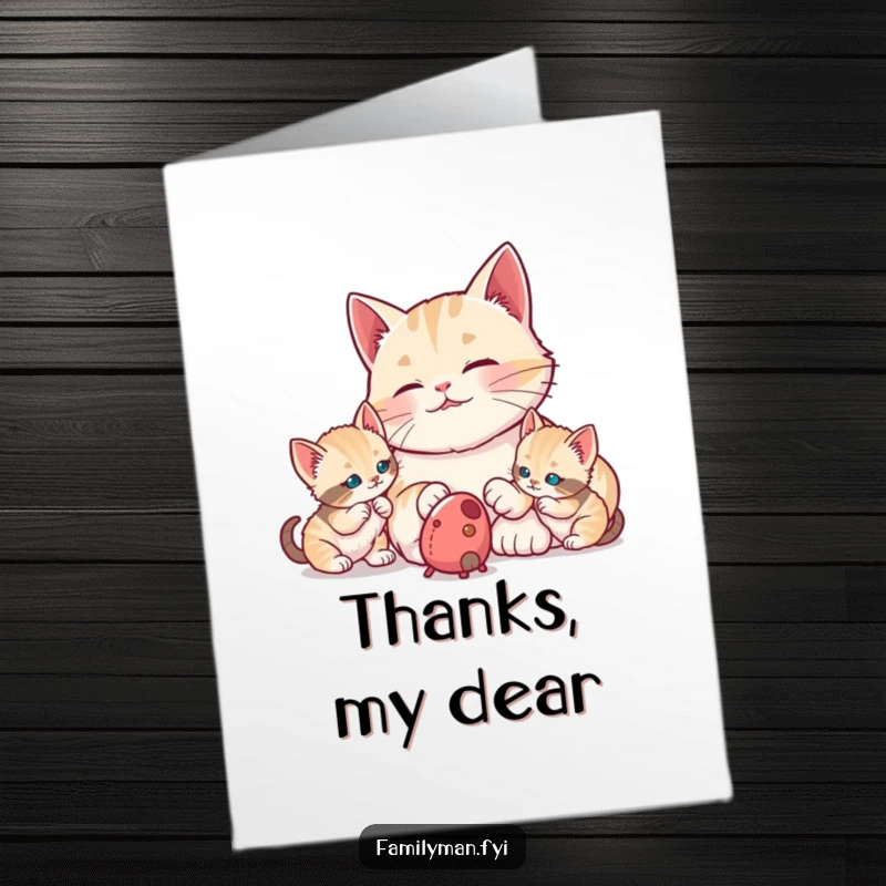 Funny Free Printable Cat Dad Thank You Card: Proud dad cat watches kittens play, offering a thankful gaze.