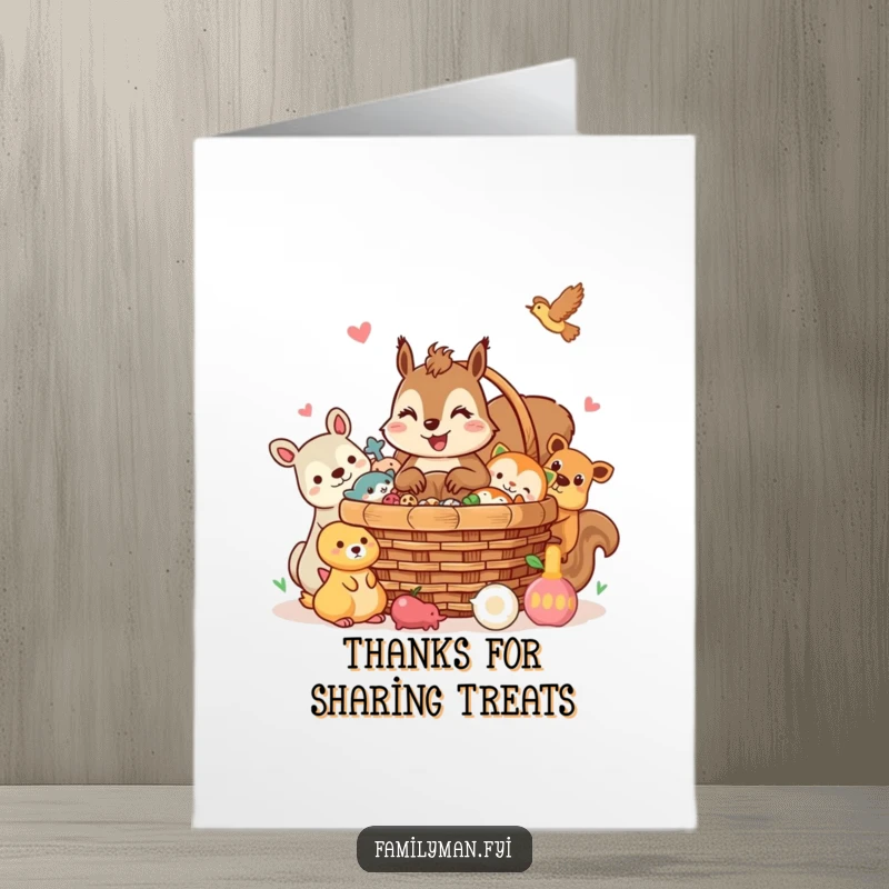 Funny Free Printable Thank You Card: Cheerful squirrel shares picnic basket with friends, expressing gratitude. A sweet downloadable gift.