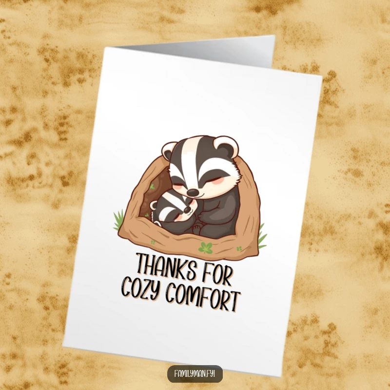 Funny Free Printable Thank You Card: Caring father badger tucking a child into a burrow, symbolizing comfort and thanks.