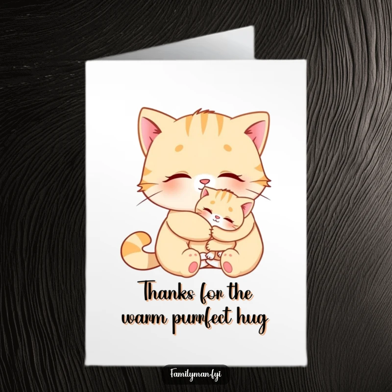 Funny Free Printable Thank You Card: A loving cat gives a comforting hug to a small kitten, illustrating a humorous thank you.
