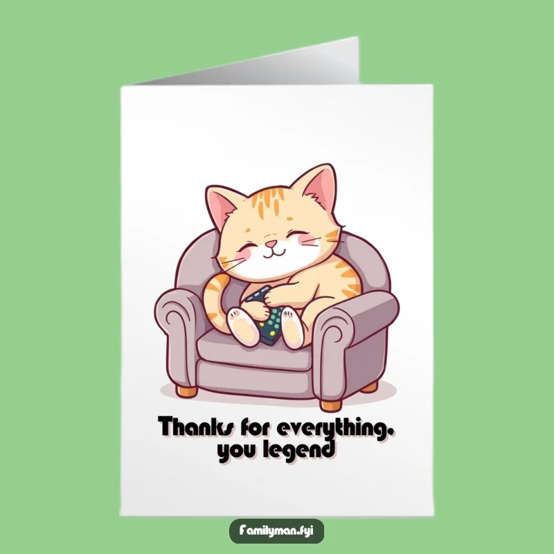 Free Printable Thank You Card: Cute Content Cat Remote Couch Design, Express Gratitude