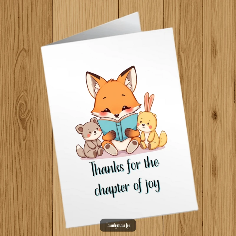 Funny Free Printable Thank You Card: Curious fox reads a book to a group of attentive stuffed animals, expressing gratitude humorously.