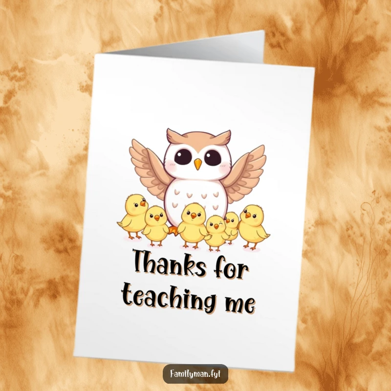 Funny Free Printable Thank You Card: Wise owl character with tiny chicks, conveying warm thanks adorably.