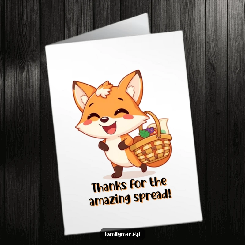 Funny Free Printable Thank You Card featuring a joyful fox with a satisfied grin holding a picnic basket, expressing thanks.