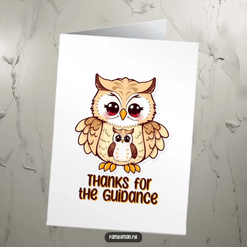 Funny Free Printable Thank You Card: Proud father owl pointing at a map, symbolizing helpful guidance and thanks.