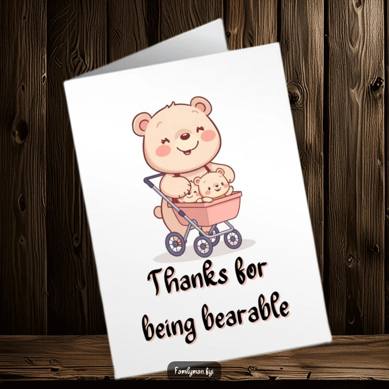 Funny Free Printable Thank You Card: Happy bear with a stroller full of smiling cubs, conveying thanks.