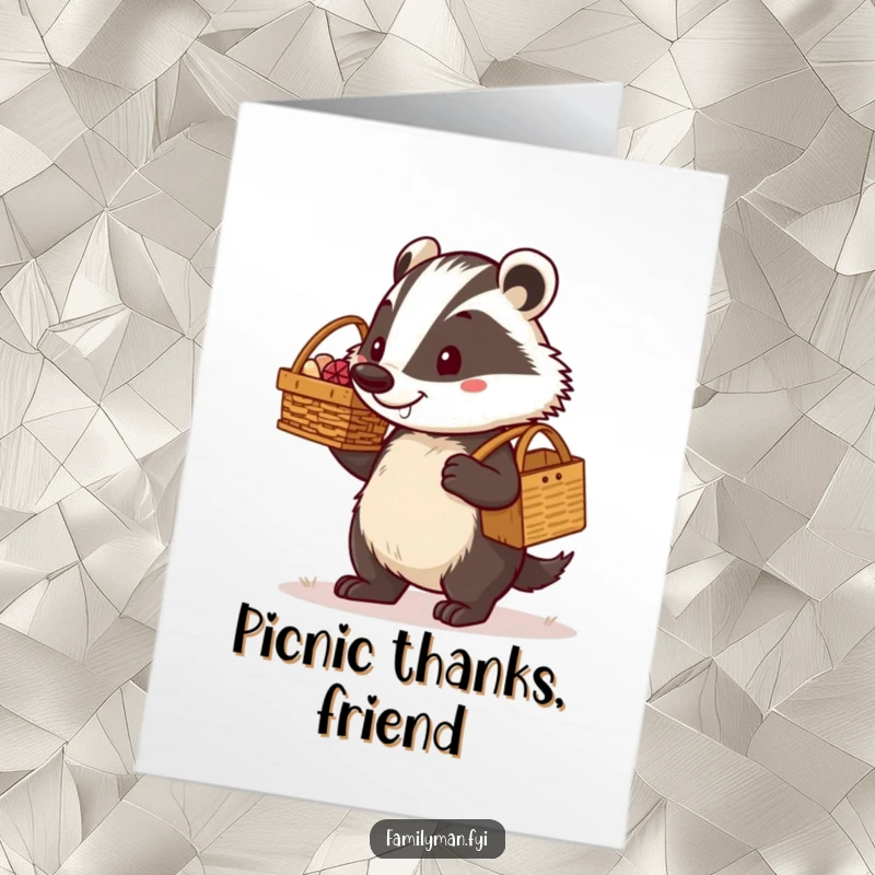 Funny Free Printable Badger Dad Thank You Card: determined dad badger carries picnic basket, expressing gratitude with a proud grin.